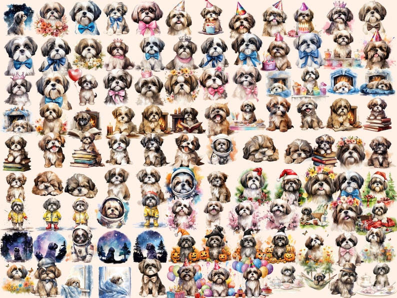 Shih Tzu Watercolor Clipart Bundle – 370+ Dog PNG Images (digital ...