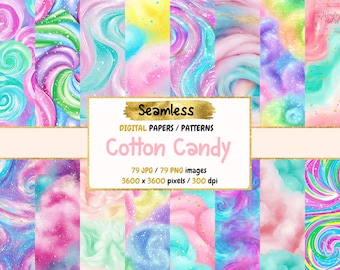 May include: A set of 79 digital papers featuring colorful swirls and patterns reminiscent of cotton candy. The papers are seamless and come in both JPG and PNG formats. Each image is 3600 x 3600 pixels and 300 dpi.