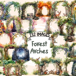 May include: A collection of 232 watercolor illustrations of forest arches. The images feature various scenes with trees, foliage, and whimsical details. The text "232 IMAGES Forest Arches" is displayed in the center of the image.