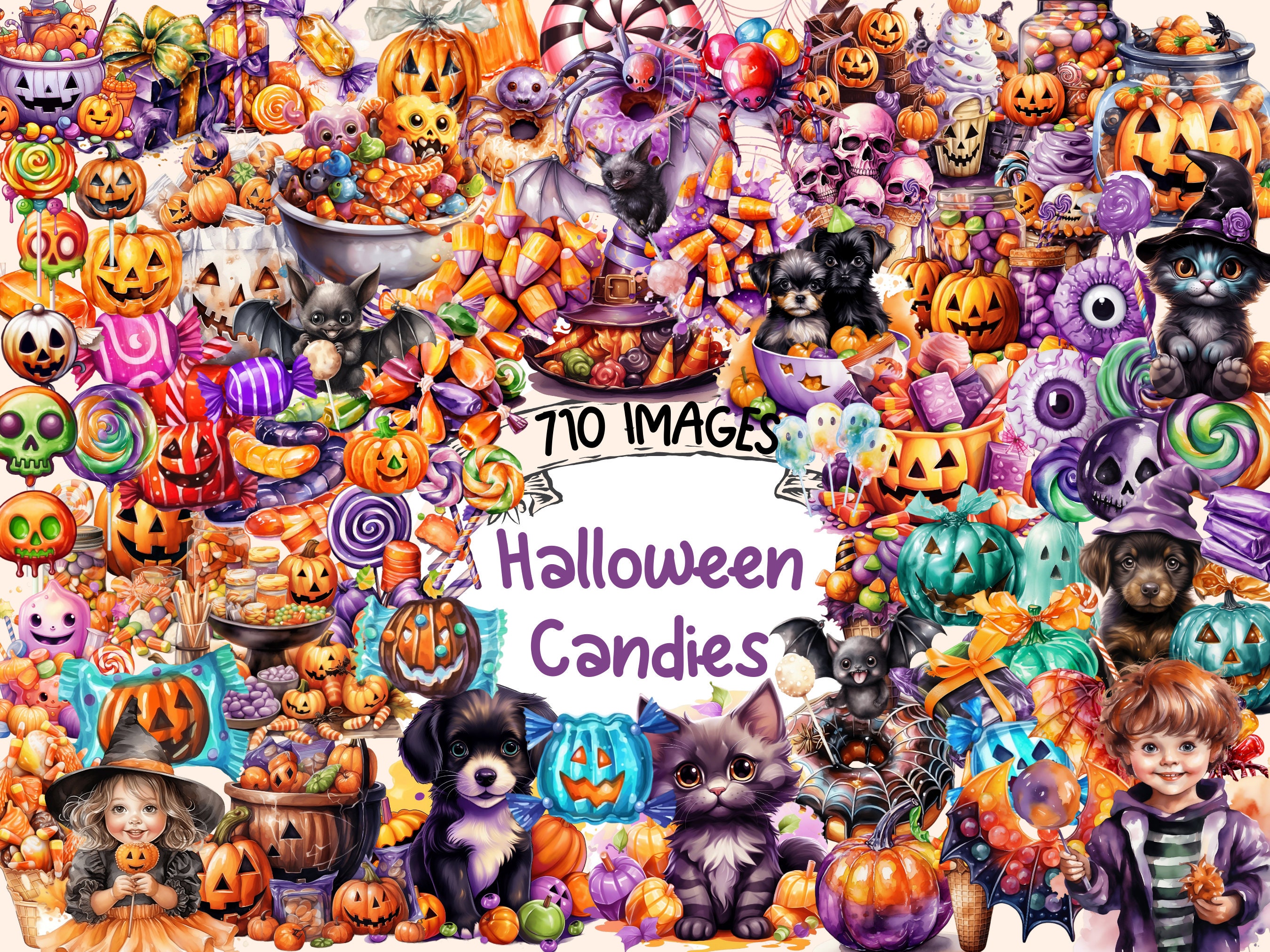 Halloween Candies Watercolor Clipart Bundle - 710 PNG Trick or Treat Images, Sweet Dessert Graphics, Instant Digital Download,Commercial Use