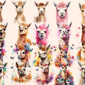 K&ouml;nnte beinhalten: Eine digitale Illustration mit 18 Aquarell-Llamas in verschiedenen Posen. Einige Lamas tragen Blumen, andere halten Ballons und wieder andere tragen H&uuml;te. Alle Lamas l&auml;cheln und haben einen verspielten Ausdruck.