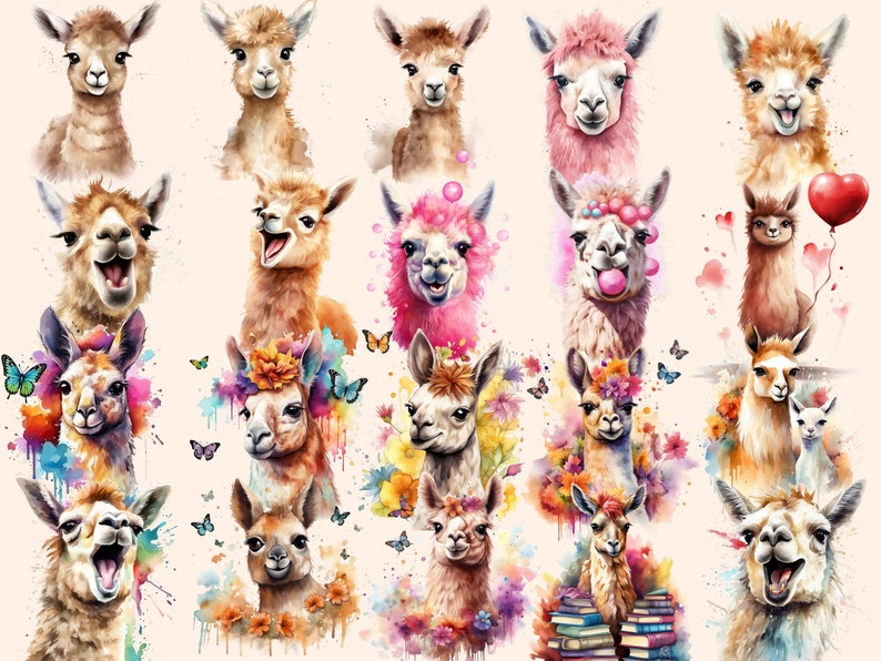 K&ouml;nnte beinhalten: Eine digitale Illustration mit 18 Aquarell-Llamas in verschiedenen Posen. Einige Lamas tragen Blumen, andere halten Ballons und wieder andere tragen H&uuml;te. Alle Lamas l&auml;cheln und haben einen verspielten Ausdruck.
