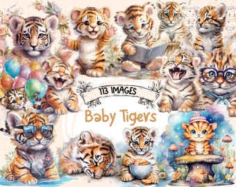 Watercolor Baby Tigers Clipart: 113 Jungle Cub Illustrations (PNG Digital Download)