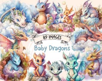 Könnte beinhalten: Aquarellillustrationen von Baby-Drachen in verschiedenen Farben, darunter Blau, Orange, Grün und Weiß. Das Bild zeigt mehrere Drachen in einem skurrilen, fantasievollen Stil, mit dem Text "89 IMAGES" und "Baby Dragons".