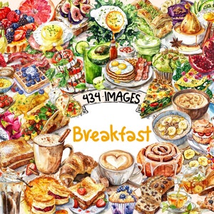 Breakfast Foods Watercolor Clipart Bundle - 434 PNG Morning Meal Images, Breakfast Dish Graphics, Instant Digital Download, Commercial Use
