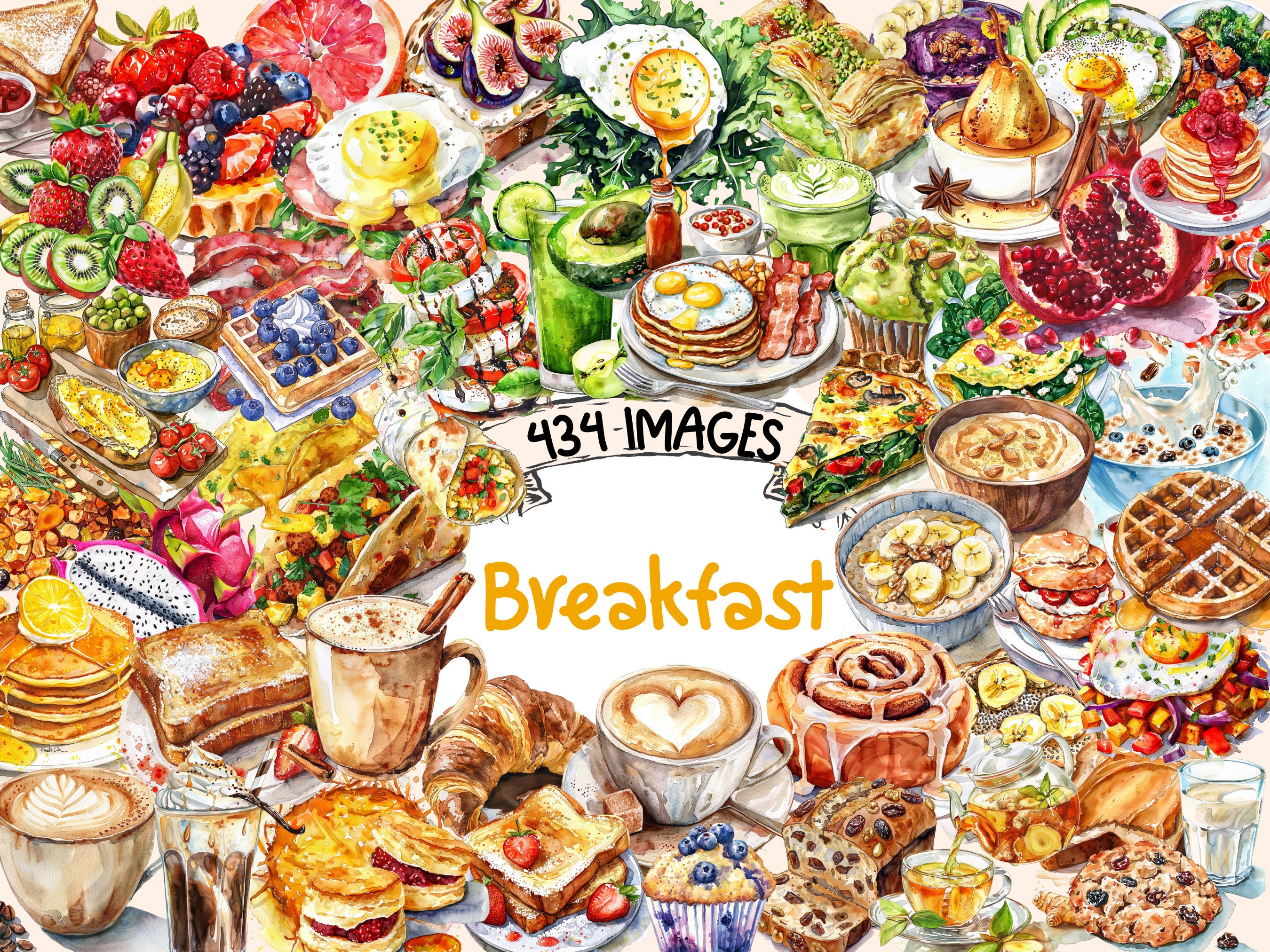 Breakfast Foods Watercolor Clipart Bundle: 434 PNG Images (Digital Download)
