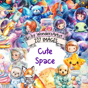 Cute Space Watercolor Clipart Bundle - 227 PNG Cosmic Images, Adorable Galaxy Illustrations, Astronaut Art, Instant Download, Commercial Use