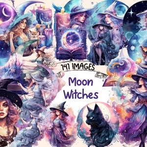 Moon Witches Watercolor Clipart Bundle - 141 PNG Fairytale Images, Fantasy Magical Graphics,PNG,Instant Digital Download,Commercial Use