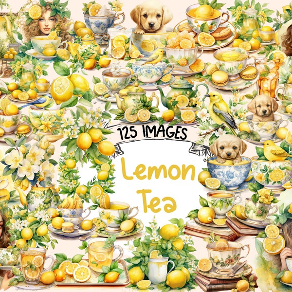 Lemon Tea Watercolor Clipart Bundle - 125 PNG Zesty Fresh Teacup Images, Citrus Tea Time Graphics, Instant Digital Download, Commercial Use