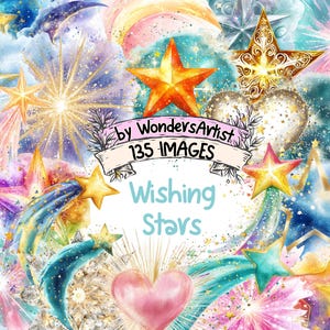 Wishing Stars Watercolor Clipart Bundle - 135 PNG Beautiful Star Images, Celestial Night Sky Illustrations, Instant Download, Commercial Use