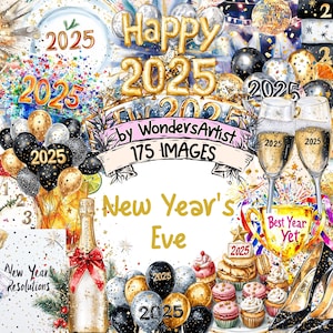 New Year's Eve Watercolor Clipart Bundle - 175 PNG Celebration Images, Festive New Year Illustrations, Instant Download, Commercial Use