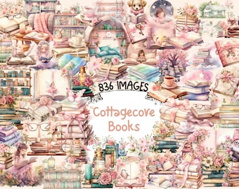 Cottagecore Books Watercolor Clipart Bundle - 836 PNG Cottage Book Images, Cozy Bookworm Graphics, Instant Digital Download, Commercial Use