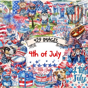4th of July Watercolor Clipart Bundle - 429 PNG Patriotic Day Images, Festive American Graphics, Instant Digital Download, Commercial Use