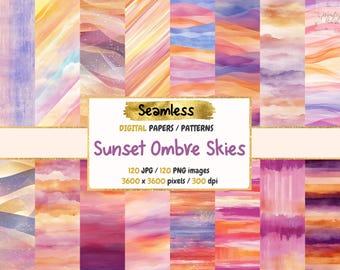 Sunset Ombre Skies Digital Paper: Seamless Watercolor Sky Textures (Commercial Use)