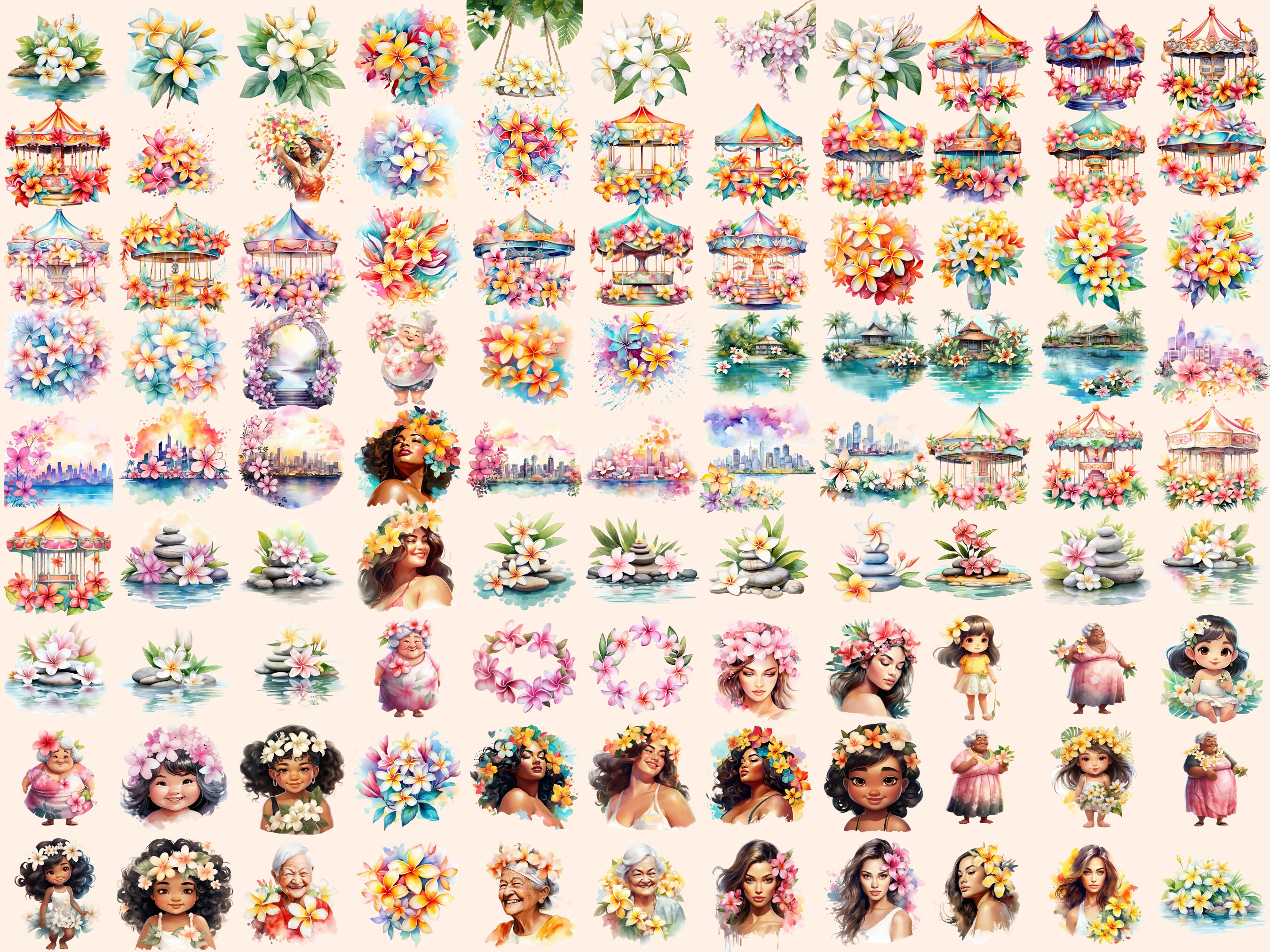 Plumeria Flowers Watercolor Clipart Bundle: 433 PNG Tropical Graphics ...