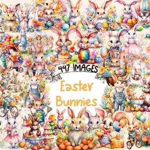 Easter Bunnies Watercolor Clipart Bundle - 447 PNG Bunny Images, Whimsical Easter Rabbit Graphics, Instant Digital Download, Commercial Use