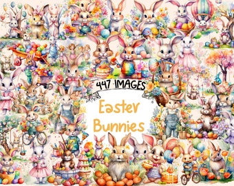Easter Bunnies Watercolor Clipart Bundle: 447 PNG Images (Commercial Use)