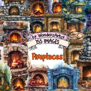 Watercolor Fireplace Clipart Bundle: 155 Cozy Hearth PNG Images (Digital Download)