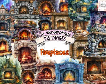 Pode incluir: Uma colagem digital de 155 imagens de várias lareiras, com designs de pedra, tijolo e madeira. As imagens estão dispostas em uma grade, com um cartão de título que diz "Fireplaces by WondersArtist 155 Images".