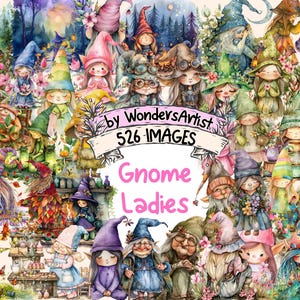 Gnome Ladies Watercolor Clipart Bundle - 526 PNG Female Gnomes Images, Garden Gnome Women Graphics, Instant Digital Download, Commercial Use