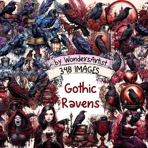 Gothic Ravens Watercolor Clipart Bundle - 348 PNG Dark Raven Images, Mysterious Witch Bird Graphics, Instant Digital Download,Commercial Use