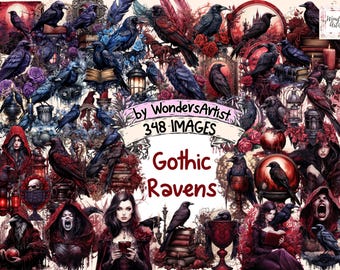 May include: A digital collage of 348 gothic raven images. The collage features ravens, roses, skulls, and other gothic imagery. The text "Gothic Ravens" is featured in the center of the collage.