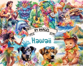 Hawaii Watercolor Clipart Bundle: 84 Tropical Summer Illustrations (PNG Digital Download)