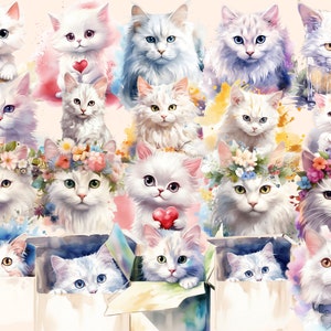 White Cats Watercolor Clipart Bundle 158 PNG White Cat Images, Elegant Feline Graphics, Cute Kitty,Instant Digital Download,Commercial Use image 3