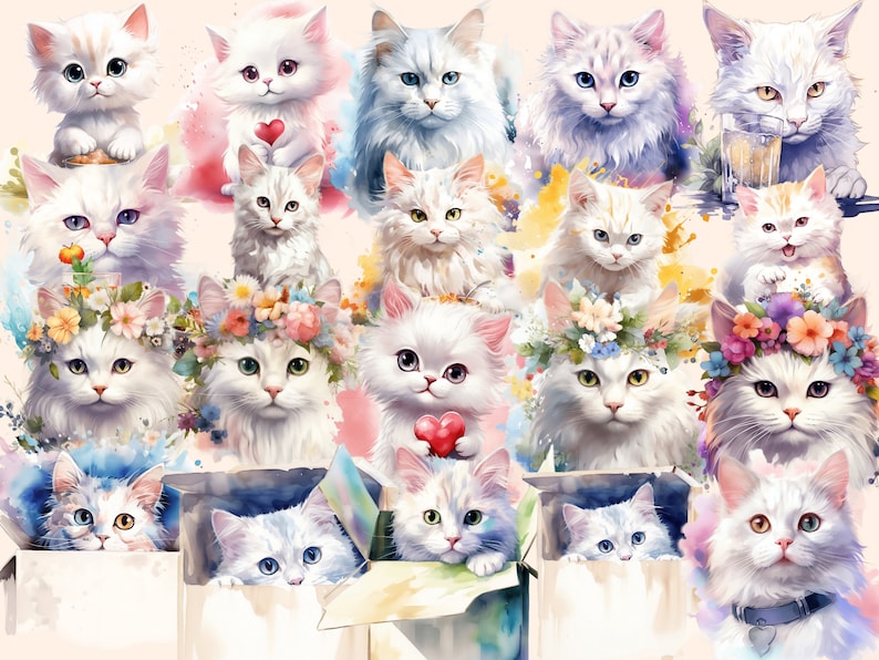 White Cats Watercolor Clipart Bundle 158 PNG White Cat Images, Elegant Feline Graphics, Cute Kitty,Instant Digital Download,Commercial Use image 3