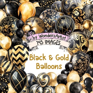 Black & Gold Balloons Watercolor Clipart Bundle - 145 PNG Balloon Images, Luxurious Party Graphics, Instant Digital Download, Commercial Use