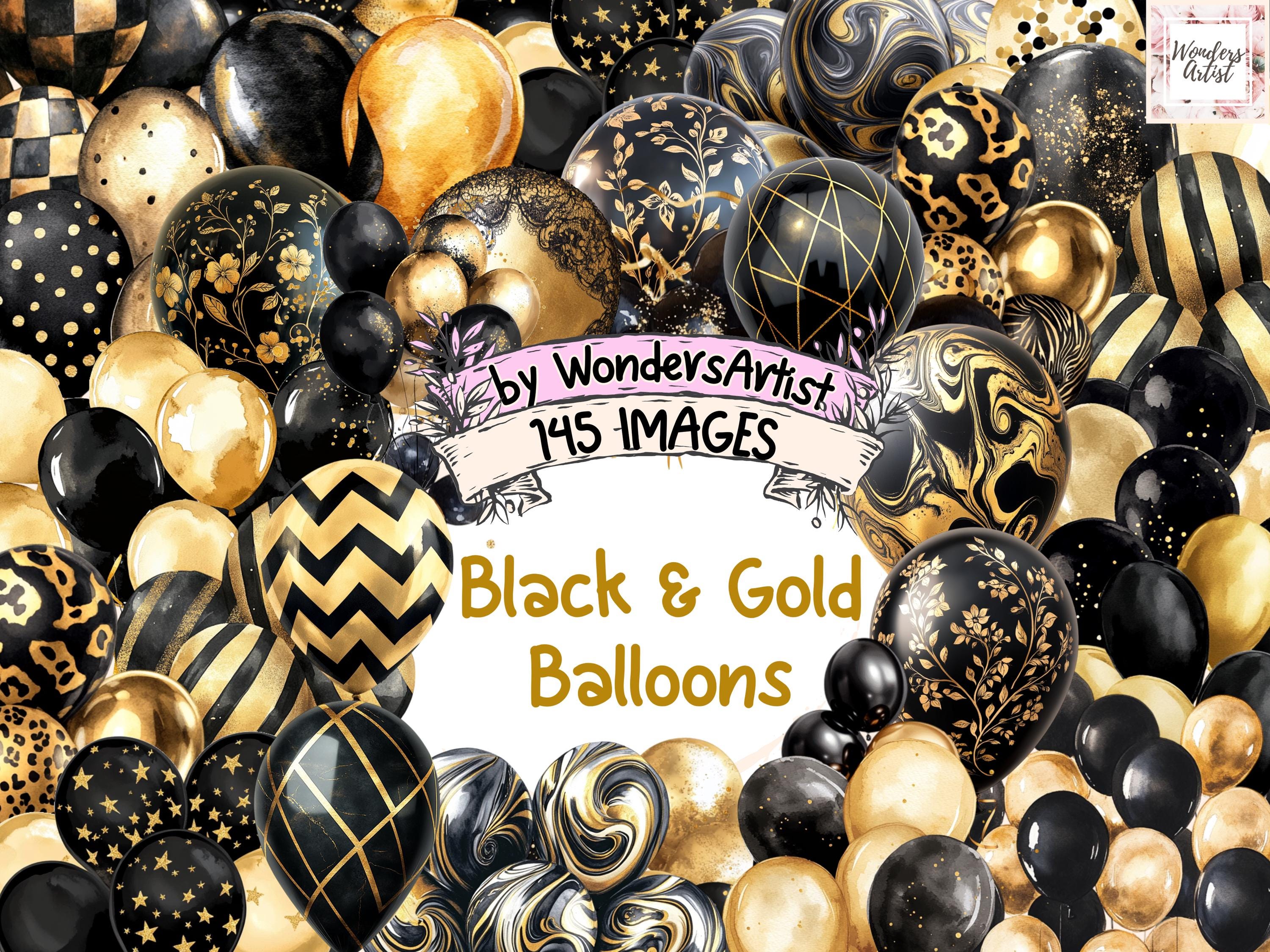 Black & Gold Balloons Watercolor Clipart Bundle - 145 PNG Balloon Images, Luxurious Party Graphics, Instant Digital Download, Commercial Use
