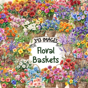 Floral Baskets Clipart Bundle - 343 PNG Images of Charming Baskets, Flower Arrangements Graphics, Instant Digital Download, Commercial Use