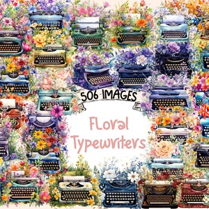 Floral Typewriters Watercolor Clipart Bundle - 506 PNG Vintage Typewriter Images with Flower Decors, Instant Digital Download,Commercial Use