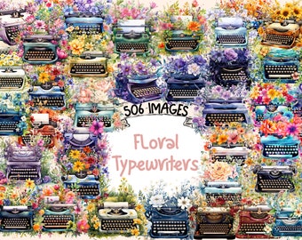 Floral Typewriters Watercolor Clipart Bundle - 506 PNG Vintage Typewriter Images with Flower Decors, Instant Digital Download,Commercial Use