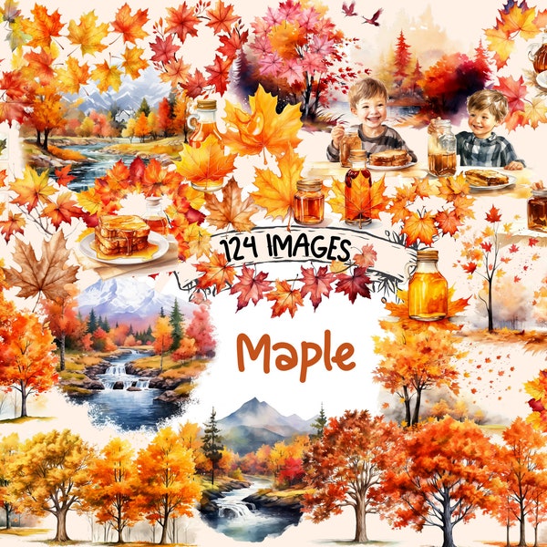 Érable aquarelle Clipart Bundle - 124 PNG Maple Leaf Images, feuilles d’automne et d’automne, graphiques de branche, téléchargement numérique instantané, usage Commercial