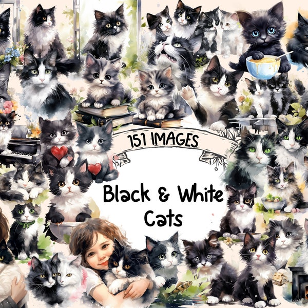 Black & White Cats Watercolor Clipart Bundle - 151 PNG Cat Images, Cute Charming Kitten Graphics, Instant Digital Download, Commercial Use