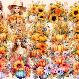 K&ouml;nnte beinhalten: Ein Aquarellbild mit verschiedenen Herbstmotiven, darunter K&uuml;rbisse, Sonnenblumen und Herbstlaub. Das Bild ist in einer lebendigen Farbpalette aus Orange, Gelb und Gr&uuml;n gehalten.