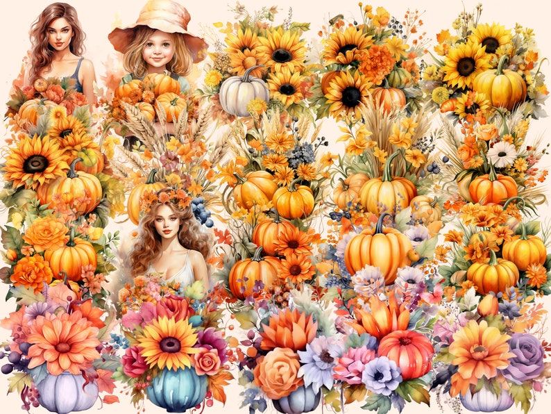 K&ouml;nnte beinhalten: Ein Aquarellbild mit verschiedenen Herbstmotiven, darunter K&uuml;rbisse, Sonnenblumen und Herbstlaub. Das Bild ist in einer lebendigen Farbpalette aus Orange, Gelb und Gr&uuml;n gehalten.