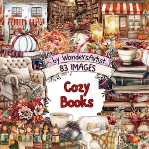 Cozy Books Watercolor Clipart Bundle - 83 PNG Warm Reading Nook Images, Comforting Library Graphics, Instant Digital Download,Commercial Use