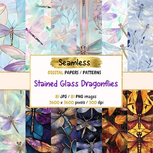 Stained Glass Dragonflies Seamless Digital Paper - Elegant Winged Textures, Artistic Glass Backgrounds, Instant Download, Commercial Use
