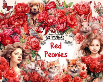 Red Peonies Watercolor Clipart Bundle: 80 PNG Floral Graphics (Digital Download)