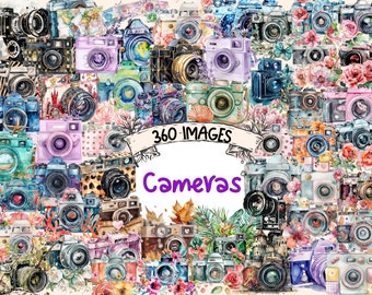 Cameras Watercolor Clipart Bundle - 360 PNG Assorted Camera Images, Photography Equipment Graphics, Instant Digital Download, Commercial Use