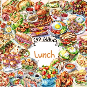 Lunch Foods Watercolor Clipart Bundle - 299 PNG Tasty Midday Meal Images, Lunchtime Dish Graphics, Instant Digital Download, Commercial Use