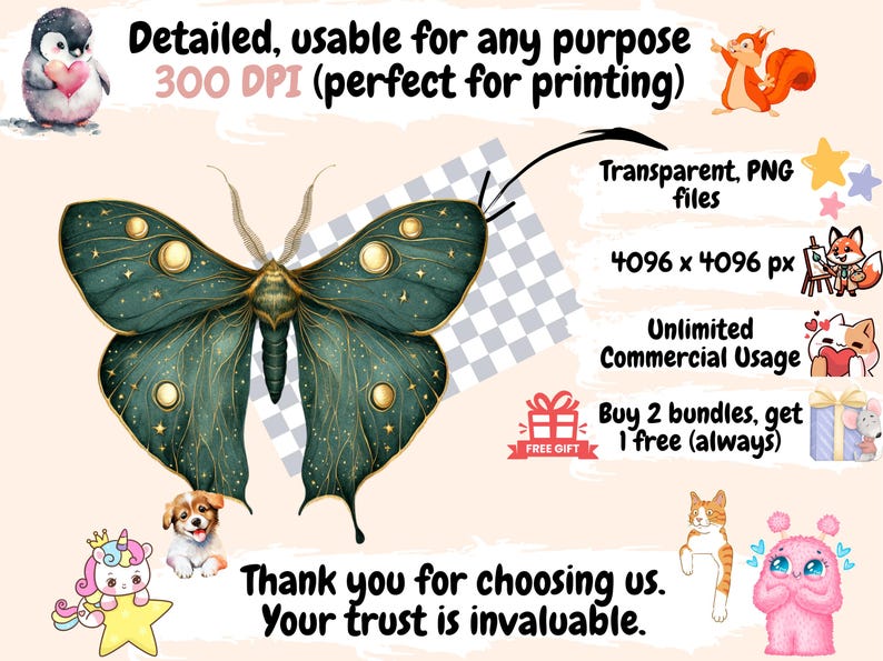 Luna Moth Watercolor Clipart Bundle: 109 PNG Images (Commercial Use) image 3