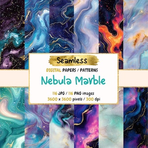 Nevel marmer naadloos digitaal papier - kosmische wervelende texturen, levendige achtergronden, afdrukbaar plakboek, direct downloaden, commercieel gebruik
