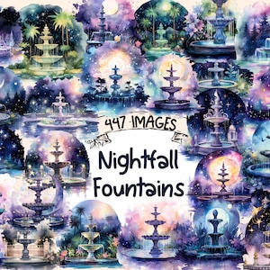 Nightfall Fountains Clipart - 447 PNG Images of Enchanting Fountains in Moonlight, Serene Waters, Instant Digital Download, Commercial Use