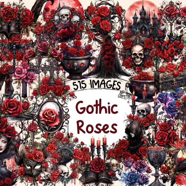 Gothic Roses Clipart Bundle - 575 PNG Darkly Romantic Flower Graphics, Vintage Rose Illustrations, Instant Digital Download, Commercial Use