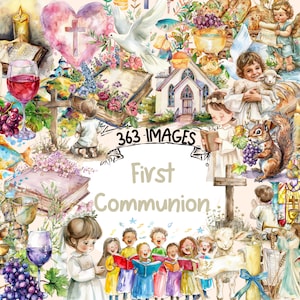 First Communion Watercolor Clipart Bundle - 363 PNG Religious Ceremony Images, Sacramental Graphics, Instant Digital Download,Commercial Use
