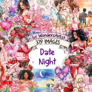 Date Night Watercolor Clipart Bundle - 319 PNG Romantic Evening Images, Love-Themed Graphics, Instant Digital Download, Commercial Use