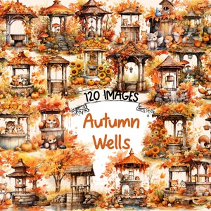 Autumn Wells Watercolor Clipart Bundle - 120 PNG Fall Well Images, Fantasy Water Well Cute Graphics, Instant Digital Download,Commercial Use